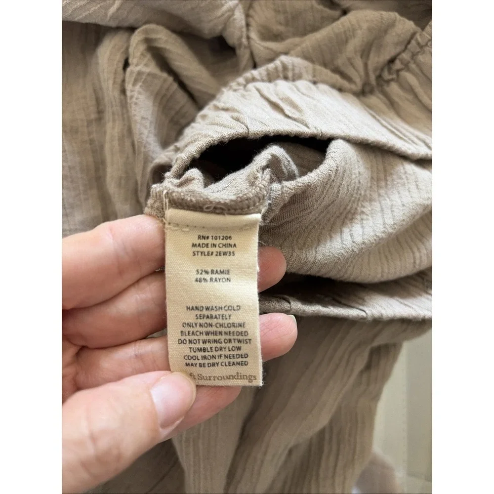 Soft Surroundings Wide Leg Pants Womens Size L Tan Gauze Button Hem Coastal